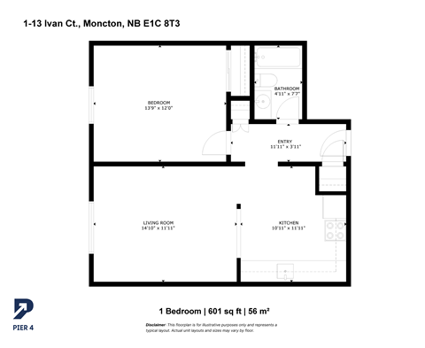 Floor plan for 1 bed, 1 bath, 601 sqft